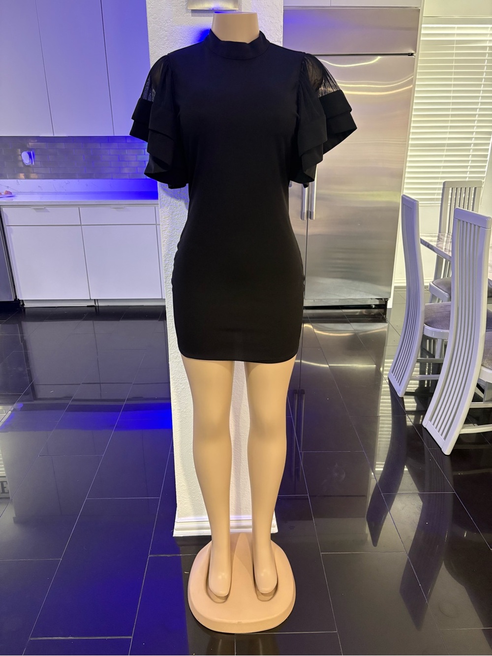 Black Ruffle-Sleeve Mini Dress with Sheer Shoulder Panels